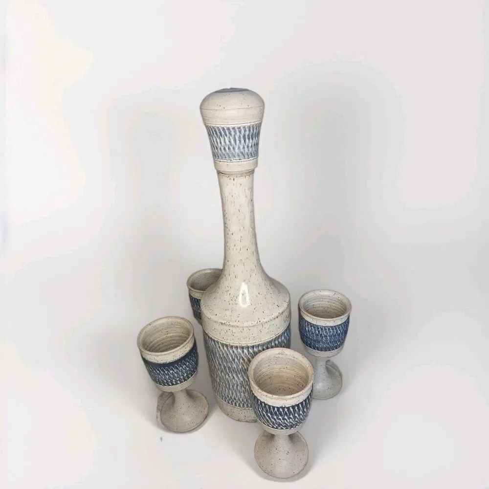 70s Mid Century Ray Studio Pottery Decanter Wine Set 4 Chalices Flawless New